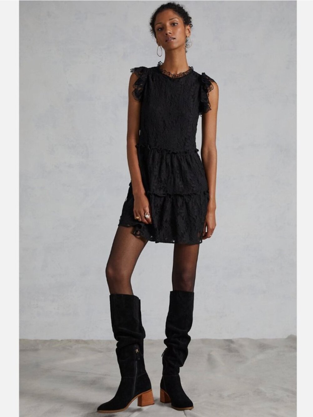 Anthropologie Blue Tassel Tiered Black Lace Tunic Mini Dress